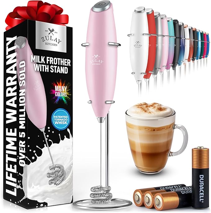 Zulay Kitchen Tornado Whisk Milk Frother with 4 AA Duracell Batteries - Triple Whisk for More Power - Handheld Coffee Frother with Stand - Drink Mixer for Lattes, Matcha & Protein Shakes