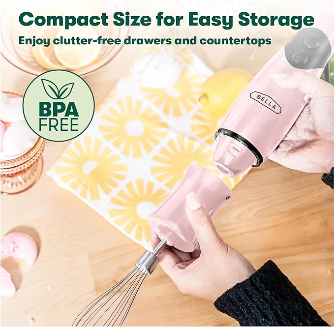 BELLA Immersion Hand Blender, Portable Mixer with Whisk Attachment - Electric Handheld Juicer, Shakes, Baby Food and Smoothie Maker, Stainless Steel, Pink