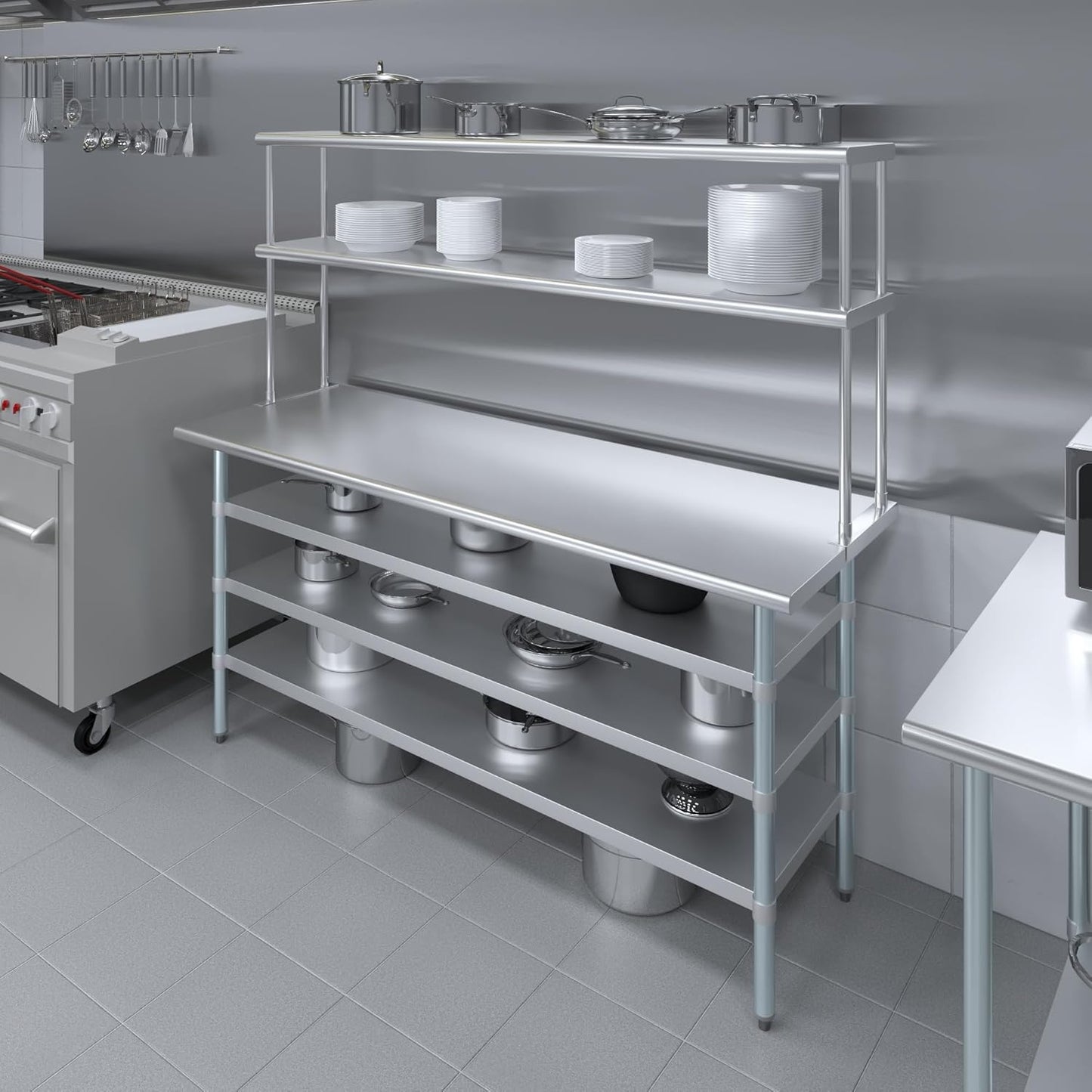 Amgood 24" x 72" Stainless Steel Work Table with 3 Shelves and 12" Wide Double Tier Overshelf | Metal Kitchen Prep Table & Shelving Combo | NSF