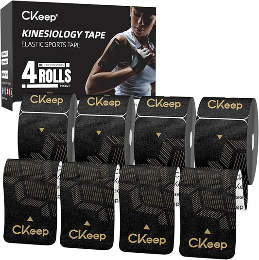 CKeep 4 Rolls Kinesiology Tape, Original Cotton Elastic Athletic Tape, 20 CT 10" Precut Strips Each, Waterproof Tape for Muscle Strain Relief and Joint Support, Black