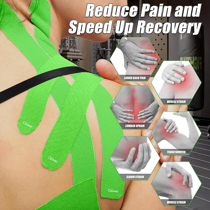 CKeep 4 Rolls Kinesiology Tape, Original Cotton Elastic Athletic Tape, 20 Precut 10" Strips Each, Green, Ideal for Muscle Support & Injury Prevention