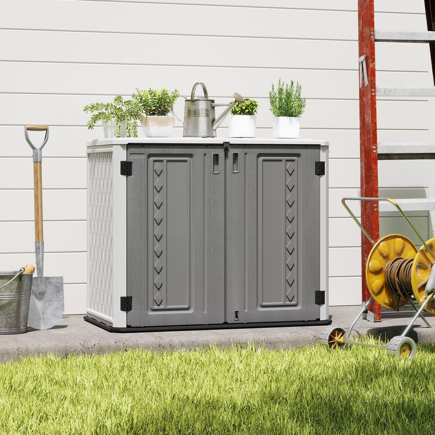 ZZM Outdoor Storage Shed Diamond Texture 4x3FT Horizontal Shed | 34 Cu.Ft Waterproof Resin Cabinet with Double-Wall | UV-Resistant & Lockable for Garden Tools, Bikes, Patio Furniture (Grey-White)