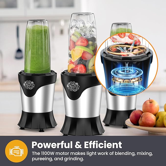Suavo Smoothie Blender 1100W Portable Personal Blender for Shakes and Smoothies with 2 * 22Oz To-Go Cups & Lids, Includes Portable Coffee Grinder and 10Oz BPA-Free Travel Cup Countertop Mixer Blender