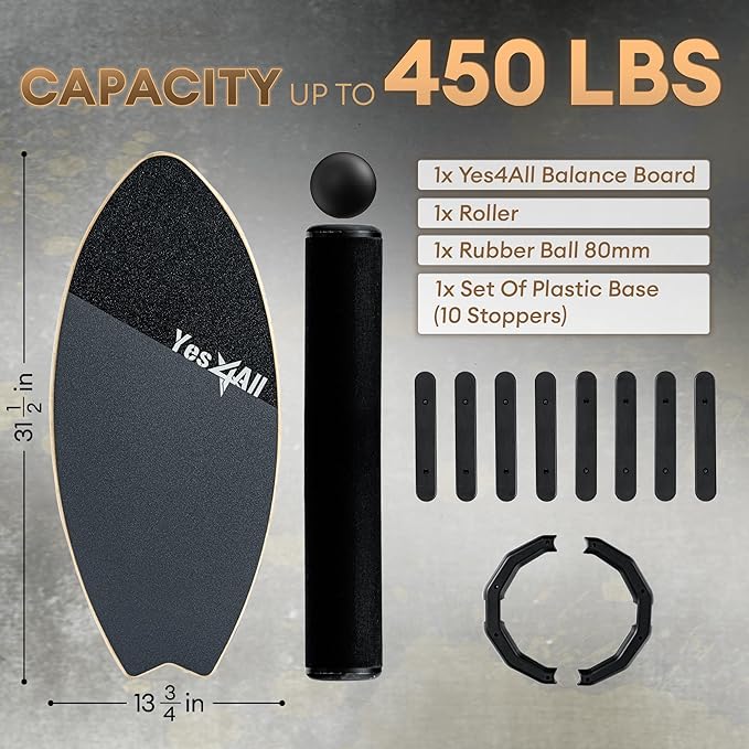 Yes4All Balance Board Sports Trainer, Surf Trainer Board With Adjustable Stoppers, Improve Core Strength and Balance Control