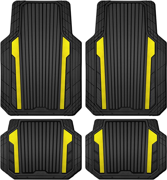 CAR PASS Yellow Car Mats Metallic, Aluminum Film All Weather Rubber Lemon Yellow car Floor Mats Waterproof Universal Trim to Fit SUV Sedan Van Truck 4 Piece Deep Dish Heavy Sporty Black Yellow Chrome