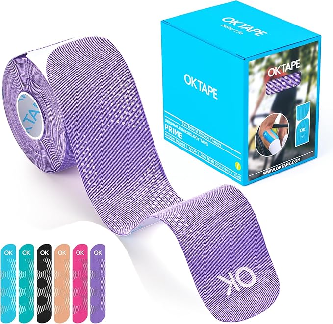 OK TAPE Synthetic Kinesiology Tape, 20 Strips, Precut K Tape, Performance Elastic Athletic Tape for Muscle Support & Discomfort Relief, Reflective Design, Waterproof, 2" x 10" -Purple