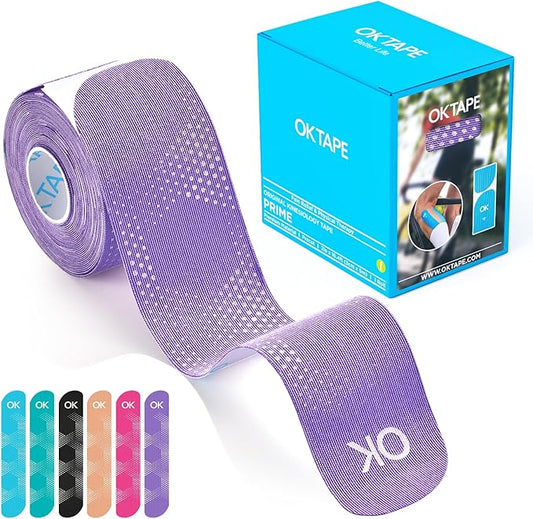 OK TAPE Synthetic Kinesiology Tape, 20 Strips, Precut K Tape, Performance Elastic Athletic Tape for Muscle Support & Discomfort Relief, Reflective Design, Waterproof, 2" x 10" -Purple