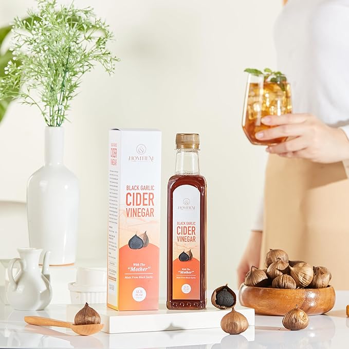 Homtiem Black Garlic Cider Vinegar – Naturally Fermented Vinegar Made with Black Garlic and Cider Vinegar, Gluten Free, Rich in Health Benefits, Ideal for Salad Dressings, Sauces, Drinks, and Healthy Recipes (350ml)