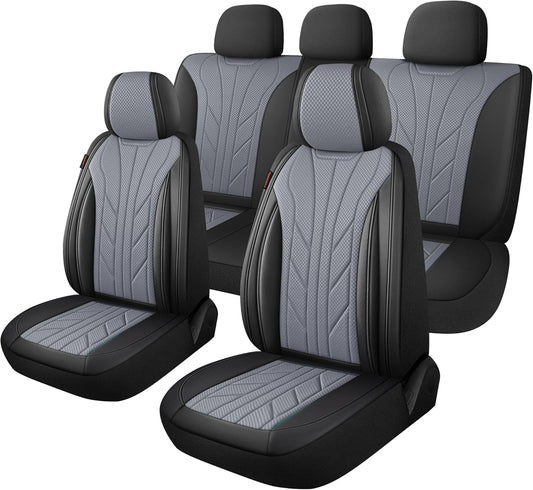 CAROMOP Luxury Faux Leather&Fabric Car Seat Covers Full Set with Breathable 3D Foam Back Support,Universal Comfortable Seat Covers for Cars,Trucks,SUVs, Front Armrests Compatible(5-Seat Black/Grey)