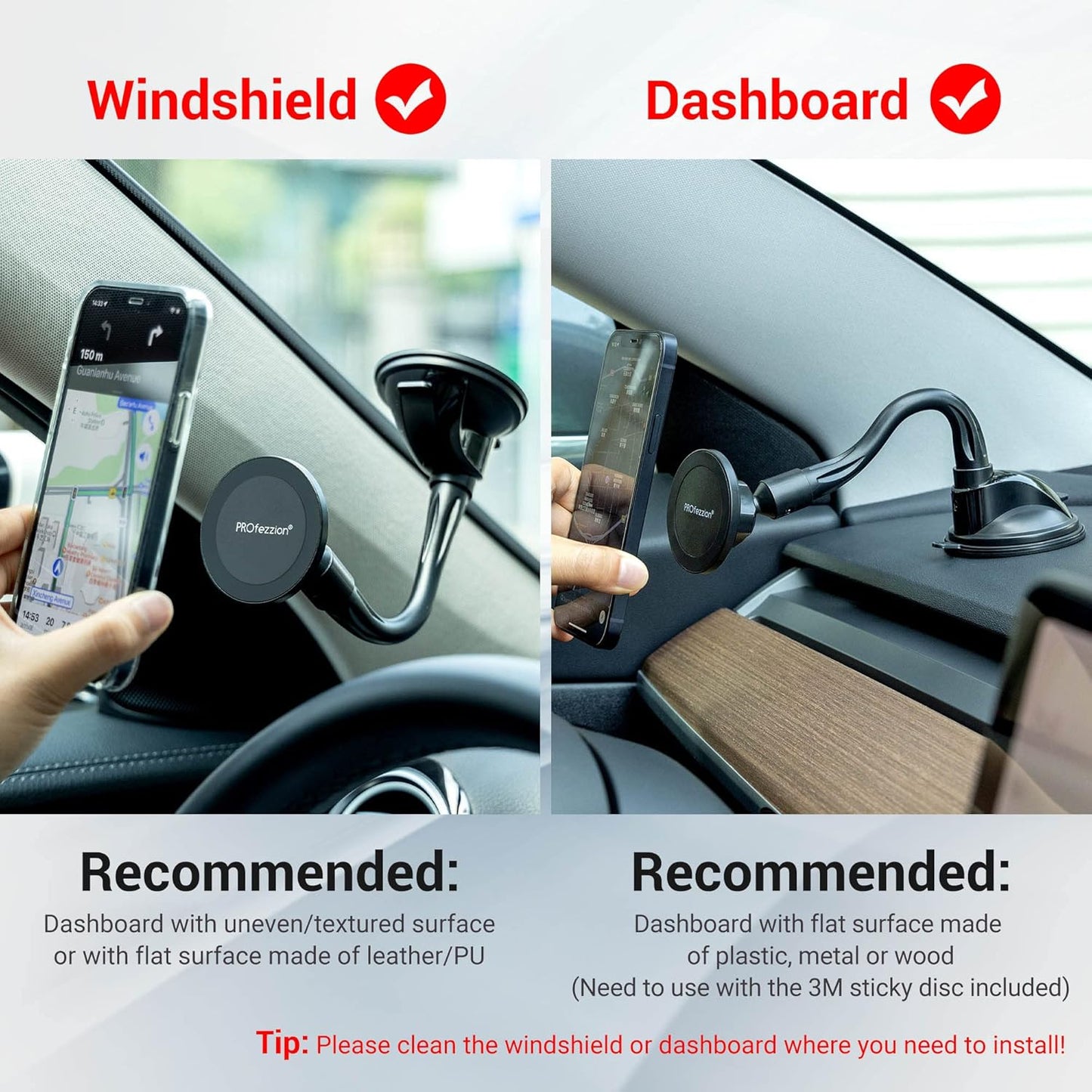 PROfezzion Suction Cup & Vent Clip Combo Magnetic Phone Holder Compatible with MagSafe on Car Truck Windshield, Dash or Vent for iPhone 16 15 14 13 Pro Max, Mag-Safe Case & All Phones [Aluminum Rod]