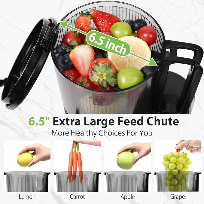 Cold Press Juicer, 6.5" Extra Large Feed Chute Juicer Machines, 350W Slow Masticating Juicer Machines with High Juice Yield for Whole Vegetables & Fruits, BPA Free, Black, Easy to Clean