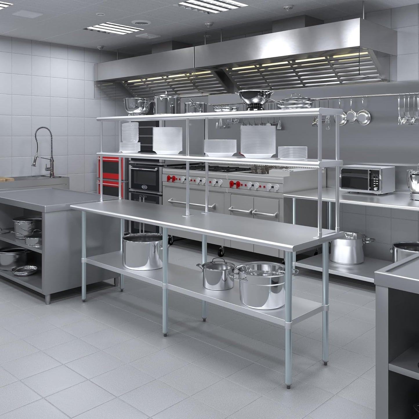 Amgood Stainless Steel Work Table Double Tier Overshelf | Metal Kitchen Prep Table & Shelving Combo (24" x 96" Work Table + 12" Overshelf)