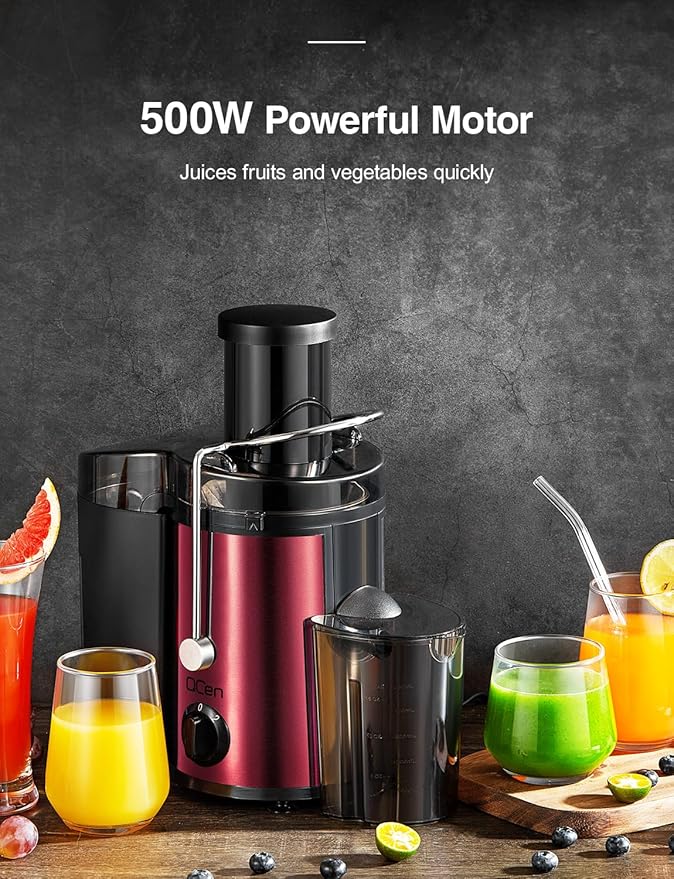 QCen Qcen Juicer Machine, 500W Centrifugal Juicer Extractor with Wide Mouth 3'' Feed Chute for Fruit Vegetable, Easy to Clean, Stainless Steel, BPA-free (Metallic Red)