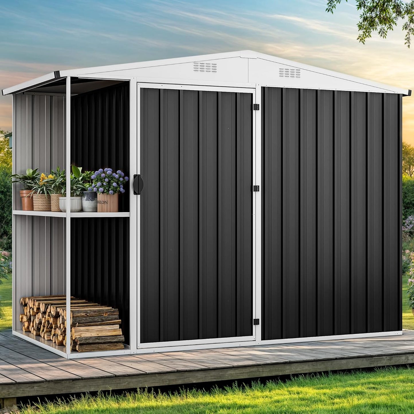 DWVO 8 x 4 ft Outdoor Storage Shed with 2-Tier Shelf, Metal Tool Shed & Garden Storage Cabinet for Backyard, Patio, Equipment & Bike, Dark Gray