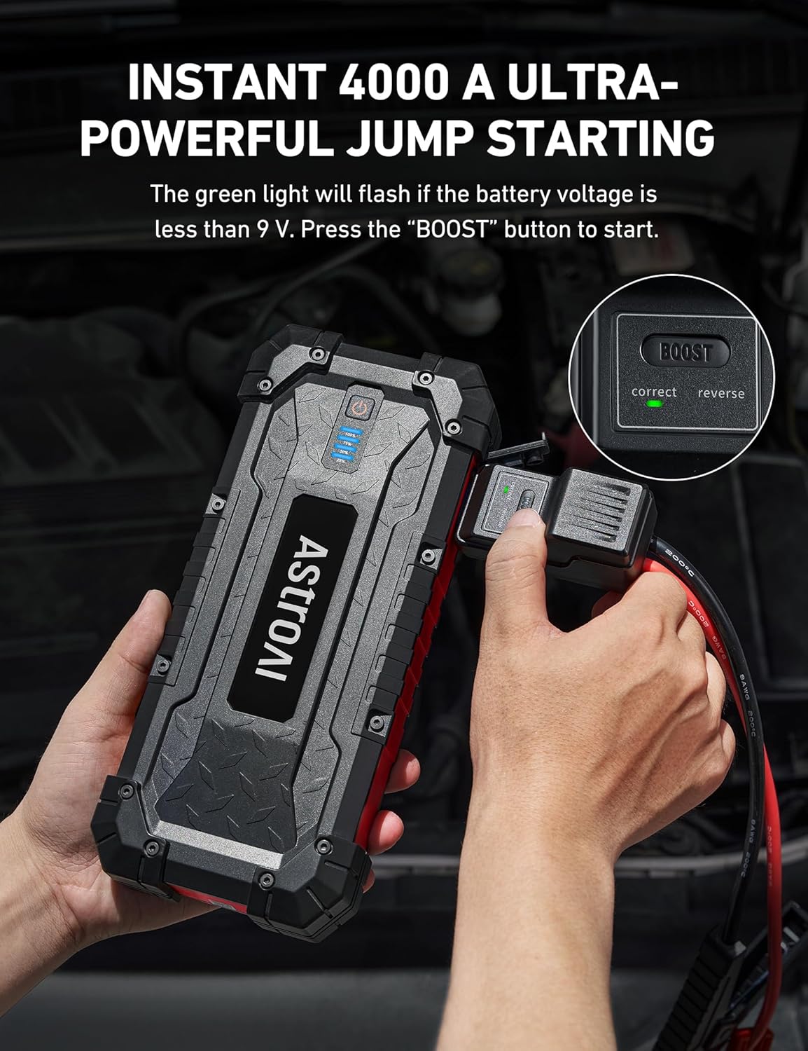 AstroAI S8 Ultra 4000A Peak Jump Starter,Up to All Gas/12L Diesel Engine,24000mAh Portable Car Battery Jump Starter,Rugged 12V Battery Pack with 2-Way Quick Charger,LED Light, Jumper Cables(Red)