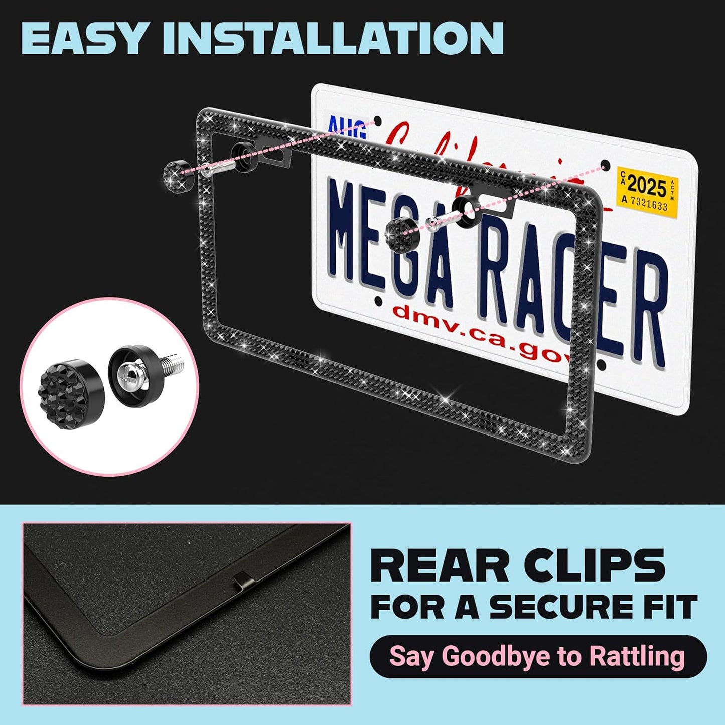 Elegant Bling License Plate Frames for Women - 2 Pack, 1600 Premium Black Rhinestones, Rust-Free Stainless Steel, Street Legal Slim Design, Sparkly Diamond Car Tag Holders with Glitter Crystal Covers