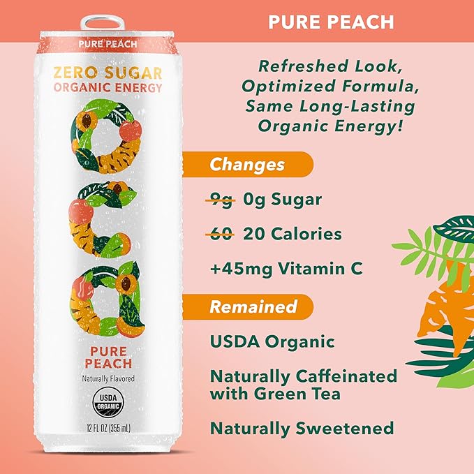 OCA ZERO Pure Peach, Organic energy drink, zero sugar, gluten-free, vegan plant-based, 12 Fl Oz (12-pack)