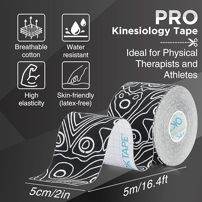 OK TAPE PRO Kinesiology Tape Uncut Roll, Elastic Physical Therapy Athletic Tape for Pain Relief, Muscle Support, Kinetic Tape, Water Resistant, 2in X 16.4ft -Black