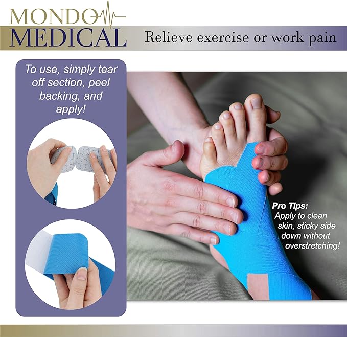 Mondo Medical Kinesiology Tape Precut Strips 2in x 16ft Roll - Blue Athletic Tape for Skin Muscle Sports Body Tape