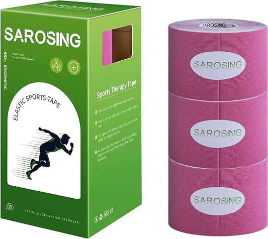 Elastic Kinesiology Tape for Knees, Shoulders, Back & More – Waterproof Sports Tape for Joint Support & Muscle Recovery, Breathable Kinesio Tape for Athletes | 2" x 16 ft (Pink-3rolls)