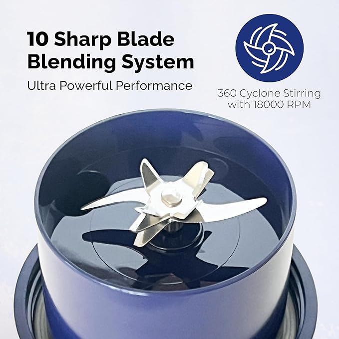 Personal Portable Blender For Shakes & Smoothies, Leakproof & Stylish Portable Mason Jar Shaker, Rechargeable Mini Blender with 10-Blade Blending System 14oz, Dark Blue