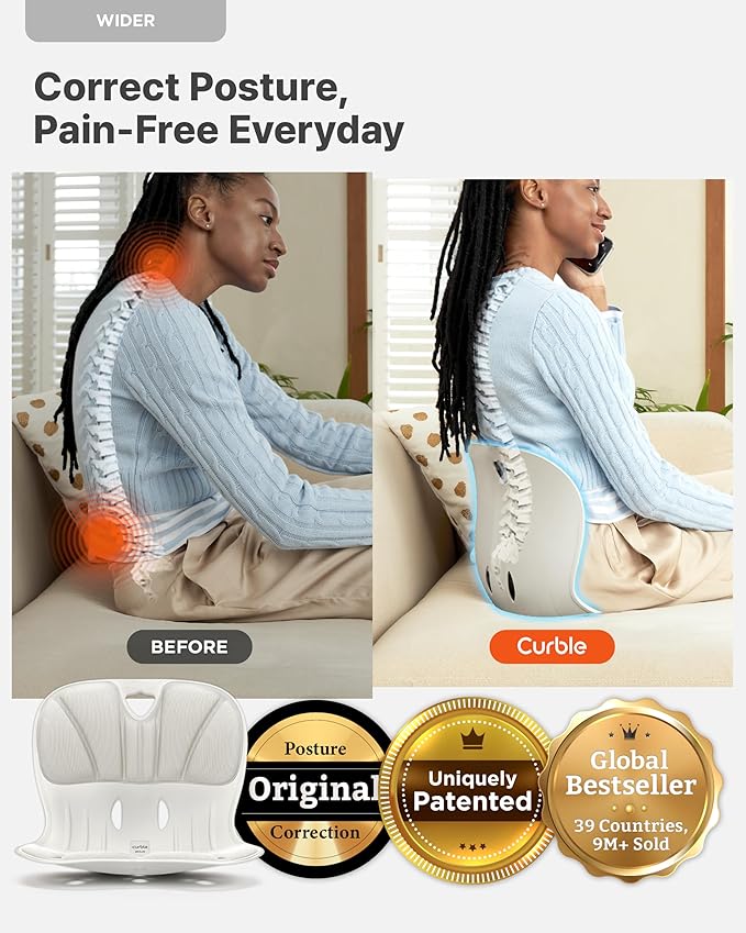 Curble Wider(Standard Wide) – Ergonomic Back Support Chair, Lumbar Support for Posture Correction & Back Pain Relief, Ideal for Office, Floor Seat & Work from Home, Patented (Grey)