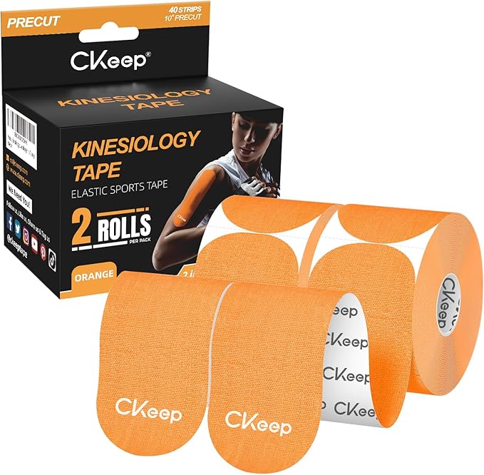 CKeep Kinesiology Tape, 2 Rolls Cotton Latex Free Hypoallergenic Elastic Precut Strips, 2 Inch Wide Waterproof Athletic Tape for Knees Pain Injuries Sprains, Orange
