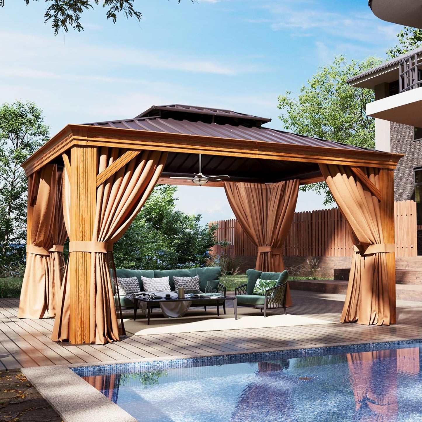 Aoxun 10' x 12' Hardtop Gazebo, Wooden Finish Coated Aluminum Frame Canopy, Galvanized Steel Double Top, Outdoor Permanent Metal Pavilion with Curtains and Netting, for Backyard, Patio and Deck