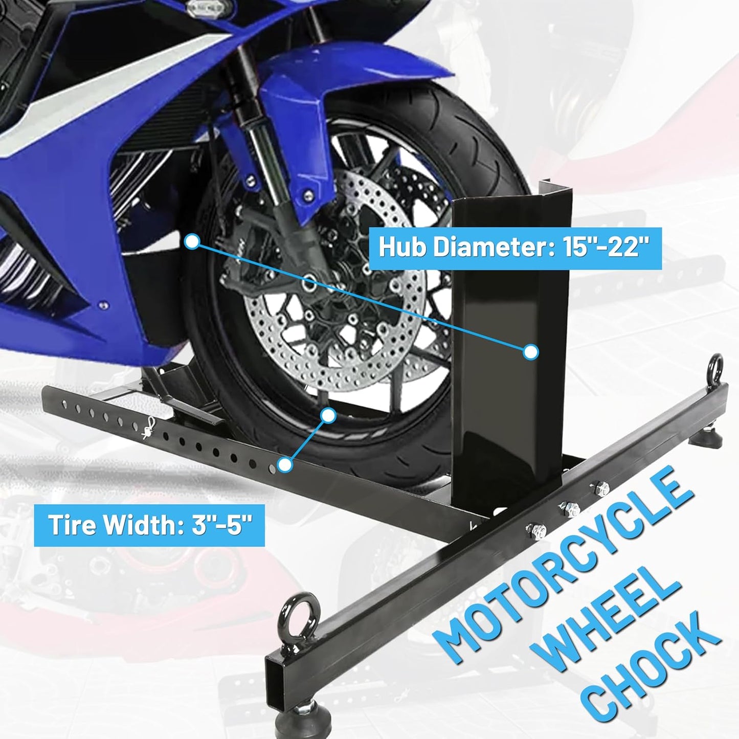 KUAFU Motorcycle Wheel Chock Stand Upright 1800 LBS, Wide Range 3“ to 5” Support Adjustable Heavy Duty Motorcycle Stand Front Wheel Tire Chock for Trailer/Truck/Garage Power Coated Steel