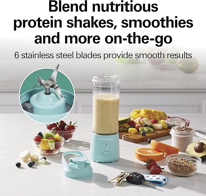 Hamilton Beach Mini Cordless Portable Personal Blender for Shakes and Smoothies, USB Rechargeable, 16 oz. Jar with Leakproof Travel Lid, 6 Stainless Steel Blades, Blue (51182)