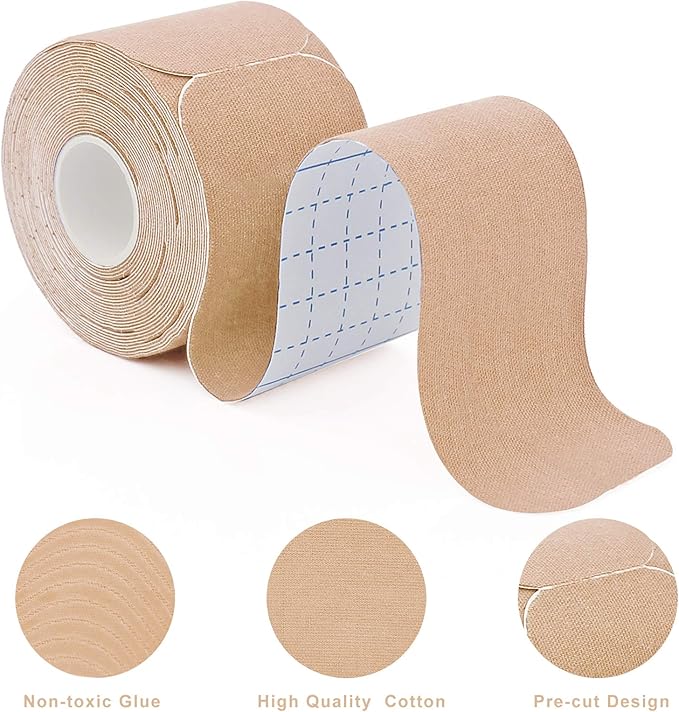 MUEUSS Kinesiology Tape,Sports Tape,Athletic Tape Elastic Cotton Precut Strips,Waterproof Tape for Muscles,Knees,Shoulders Plantar Fasciitis Pain Relief,Pregnancy Belly Tape (2rolls Black&Beige)