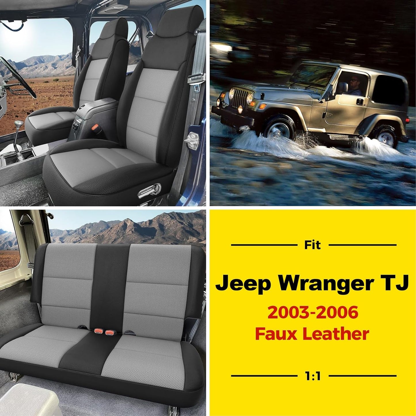 GIANT PANDA Full Set Car Seat Covers Customized Jeep Wrangler TJ Rubicon Sahara Sport X Unlimited 2003 2004 2005 2006, Faux Leather (Black&Gray)