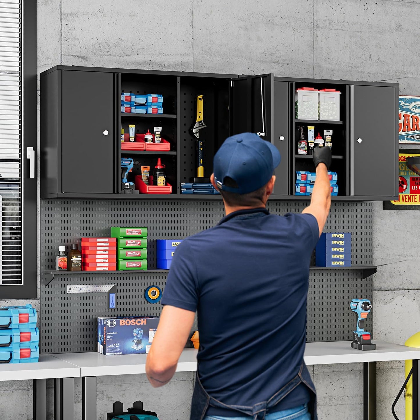 Metal Wall Cabinets for Storage with Locking Doors Adjustable Shelf Pegboard and Hooks, Metal Garage Wall Cabinet, Floating Upper Storage Cabinet