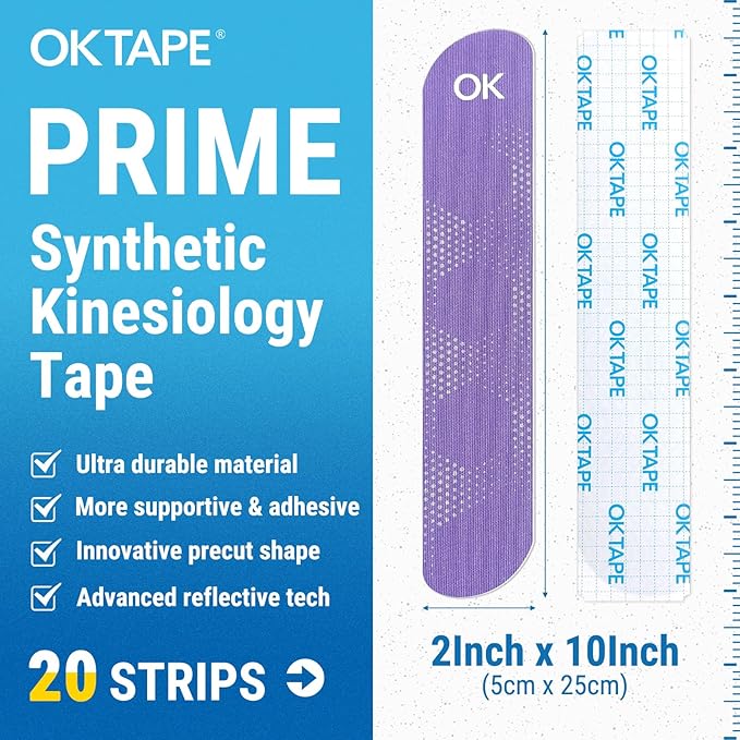 OK TAPE Synthetic Kinesiology Tape, 20 Strips, Precut K Tape, Performance Elastic Athletic Tape for Muscle Support & Discomfort Relief, Reflective Design, Waterproof, 2" x 10" -Purple