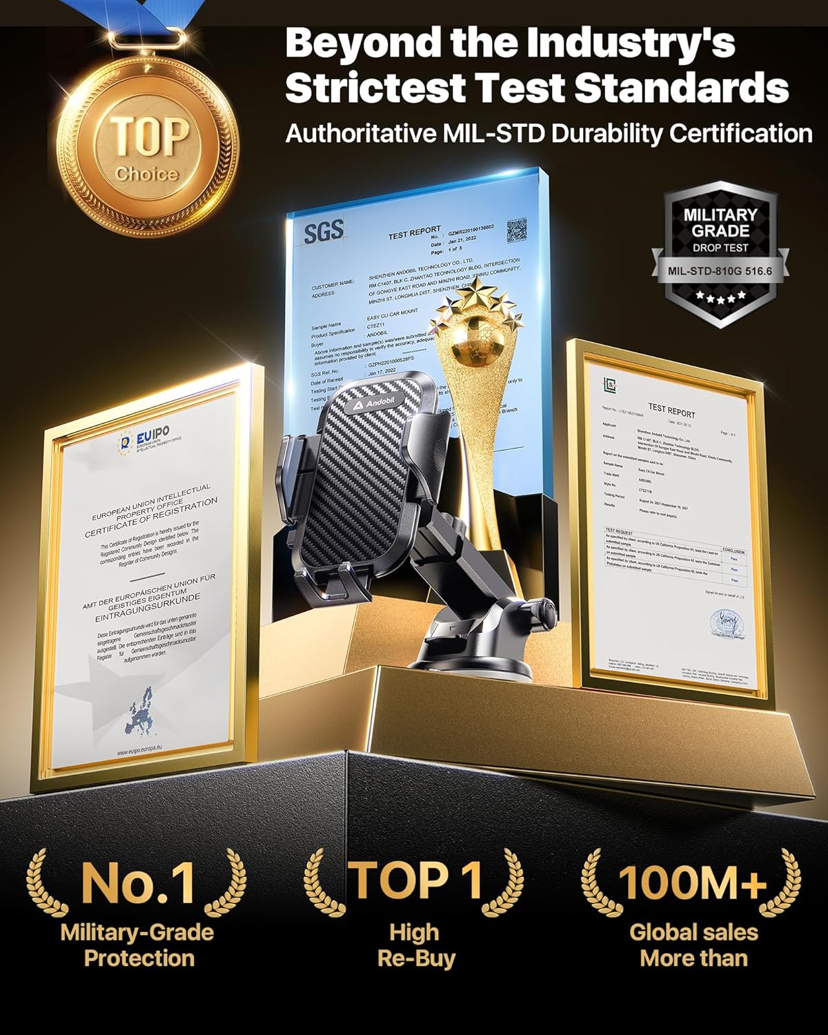 andobil Car Phone Holder, 2025 Military-Grade 85lbs Strongest Suction Phone Holders for Your Car Dashboard/Windshield/Vent Easy Clamp Cellphone Holder Truck Stand for iPhone 16 15 14 Pro Max Samsung