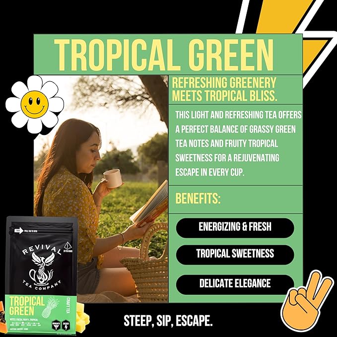 Revival Tea Company Tropical Green Tea - Green Tea Blend with Pineapple and Papaya Flavor - 24 Tea Bags