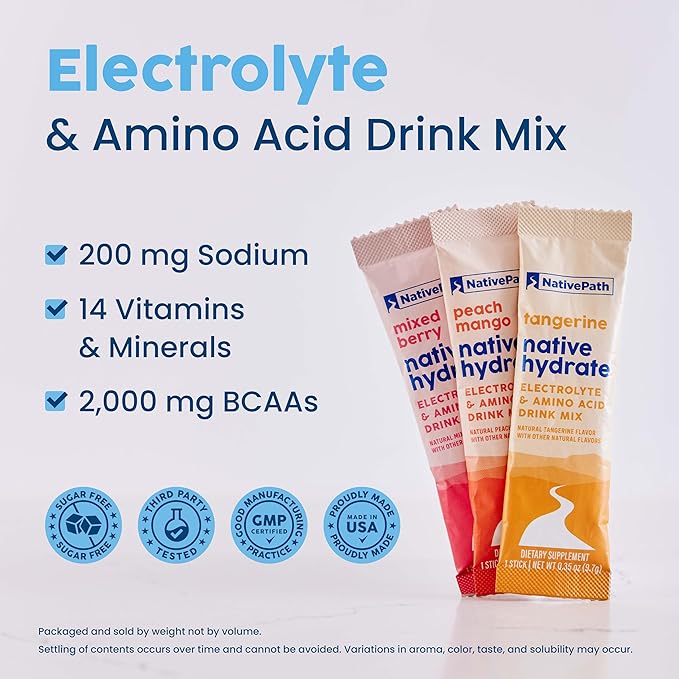NativePath Native Hydrate Stick Packs with Electrolytes and Amino Acids, Variety Pack, Mixed Berry, Peach Mango, Tangerine, 30 Servings