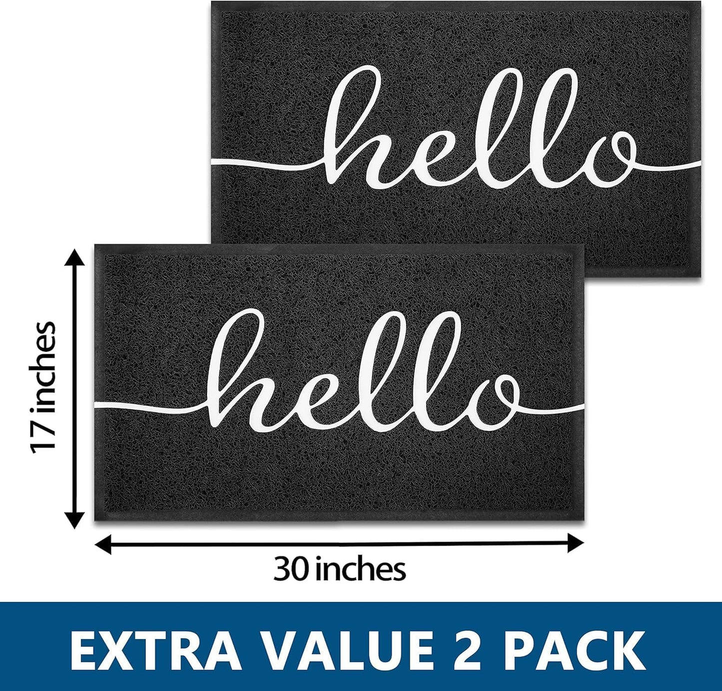 EARTHALL Door Mat 2-Pack Outside Inside Hello Doormat 30"x17.5" Durable Floor Mat Non Slip Mat Ultra Absorb Mud Easy Clean Front Doormat for Garage, Entryway, Patio, High Traffic Areas, Black