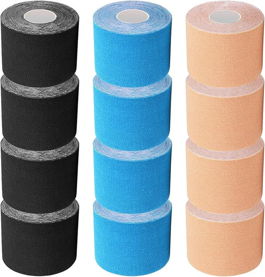 Upgraded Kinesiology Tape 2inch 12 Rolls Set for Knees, Uncut 2" Waterproof Muscle Tape Hypoallergenic Athletic Tape Sports Tape for Knee Shoulder Muscle Pain (4X Beige, 4X Black, 4X Blue)