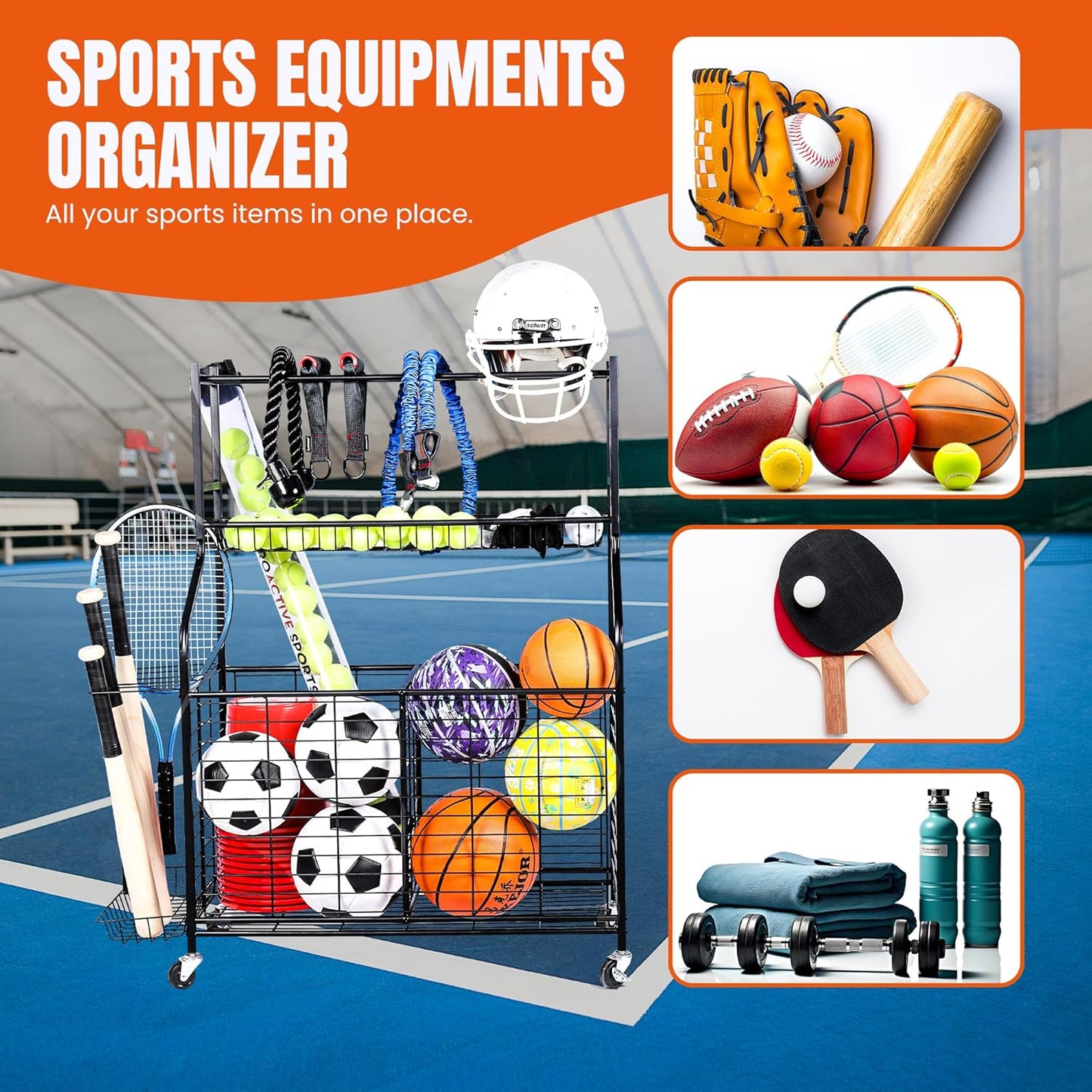 Sports Equipment Organizer - 29.6" W x 42.7" H - Rolling Garage Ball Storage Rack - Golf Bag Storage Stand & Other Sports Equipment & Toys - Indoor/Outdoor Stand - Removable Basket