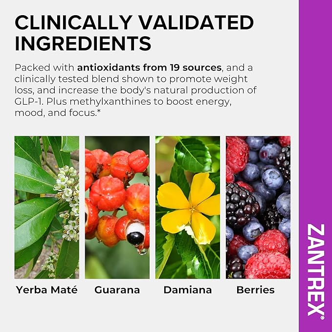 Zantrex SkinnyStix Energy Powder – Lose Weight, GLP-1, Appetite Suppressant, Boost Mood – 10 Calories – Yerba Mate, Coffee Bean – 30 Stix, Berry