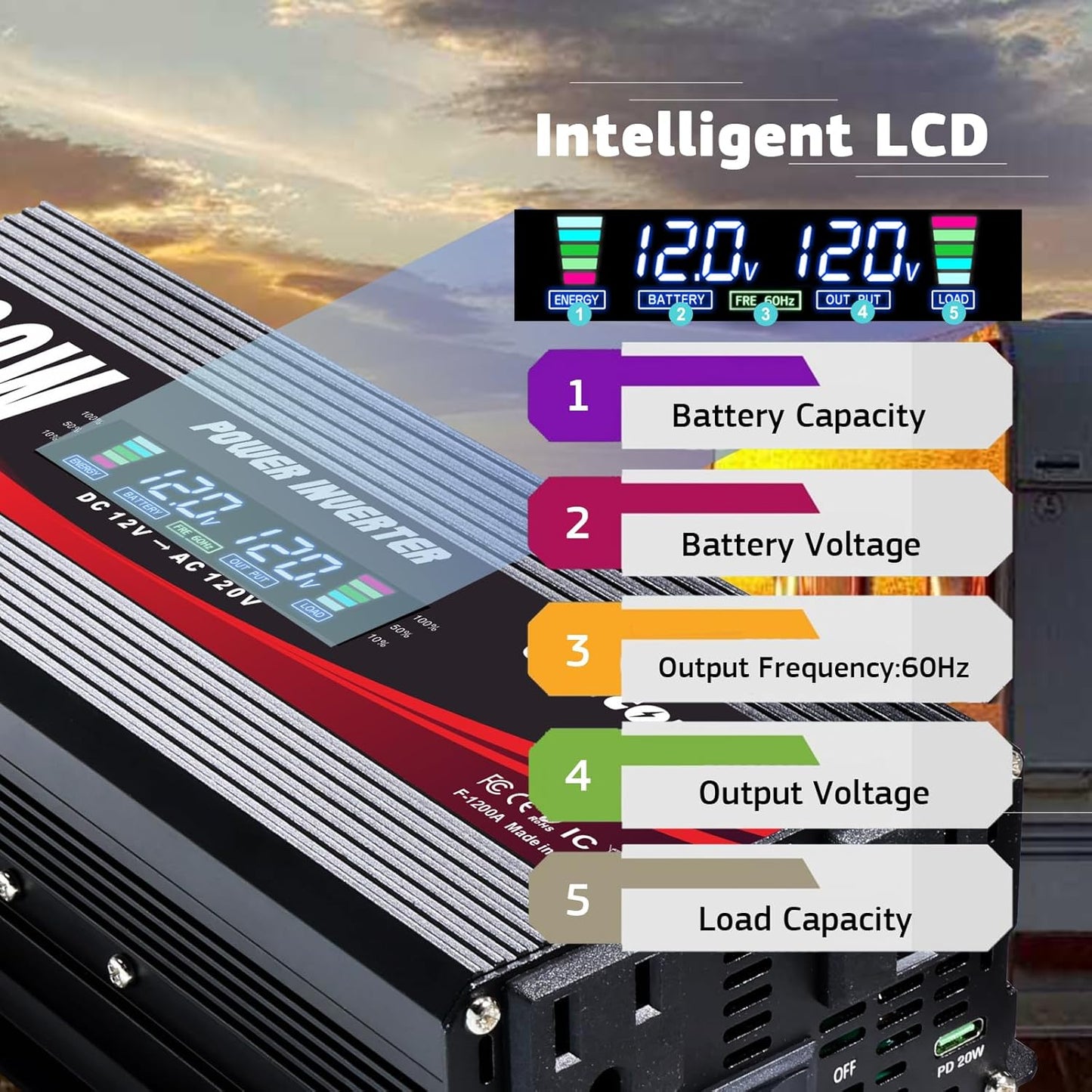 1200W/2400W(Peak) Power Inverter DC 12V to 110V/120V AC Converter with LCD Display Dual AC Outlets 3.0A USB and Type-C Car Inverter for Truck Vehicles Laptop Trip