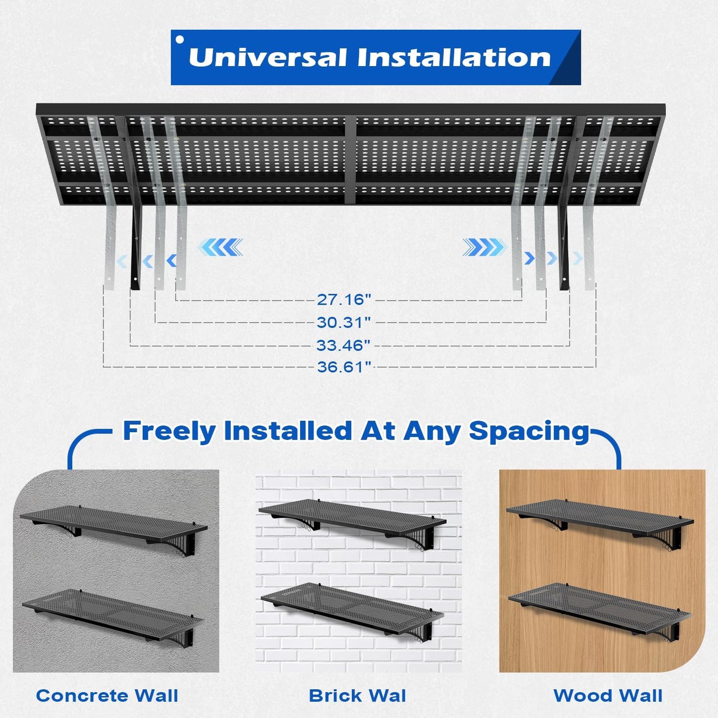 YOLENY 2-Pack 1.64x4FT Adjustable Heavy Duty Garage Wall Shelving, 500lbs Load Capacity Wall Mount Storage Shelf, Garage Storage Rack with Hooks, Metal Floating Shelves Organizer for Workshop