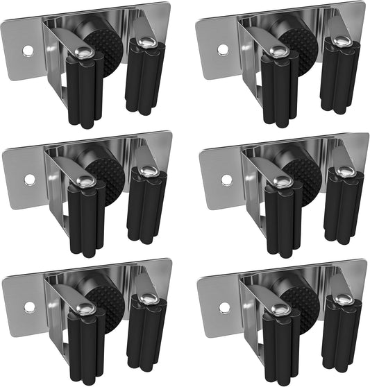 Self Adhesive Broom and Mop Holder Wall Mounted – SUS304 Stainless Steel 2-Slot Organizer with Anti-Slip Rubber Grips, 25lb Load, Adjustable for 0.6–1.4" Handles, Garage Kitchen Bathroom Use, 6 Pcs