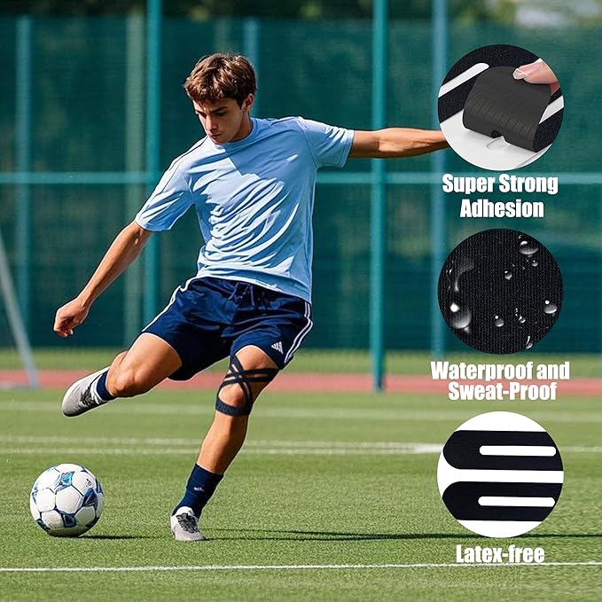 Precut Kinesiology Tape for Knees,24 Pcs – Elastic Knee Support & Stability, Pain Relief – Waterproof, Breathable, Hypoallergenic Athletic Tape (Black)