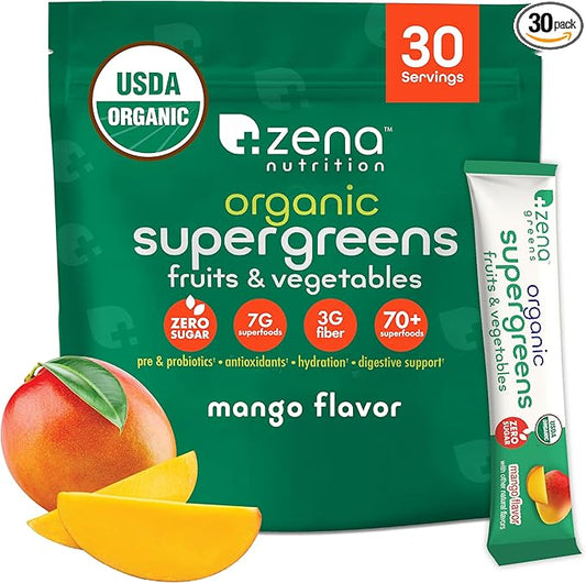 Zena Nutrition Organic Super Greens Powder, 70+ Superfoods, 0 Sugar, 3G Fiber, Spirulina, Chlorella, Antioxidants, Prebiotics/Probiotics, Digestive Enzymes, Mango, 30 Drink Mix Packets