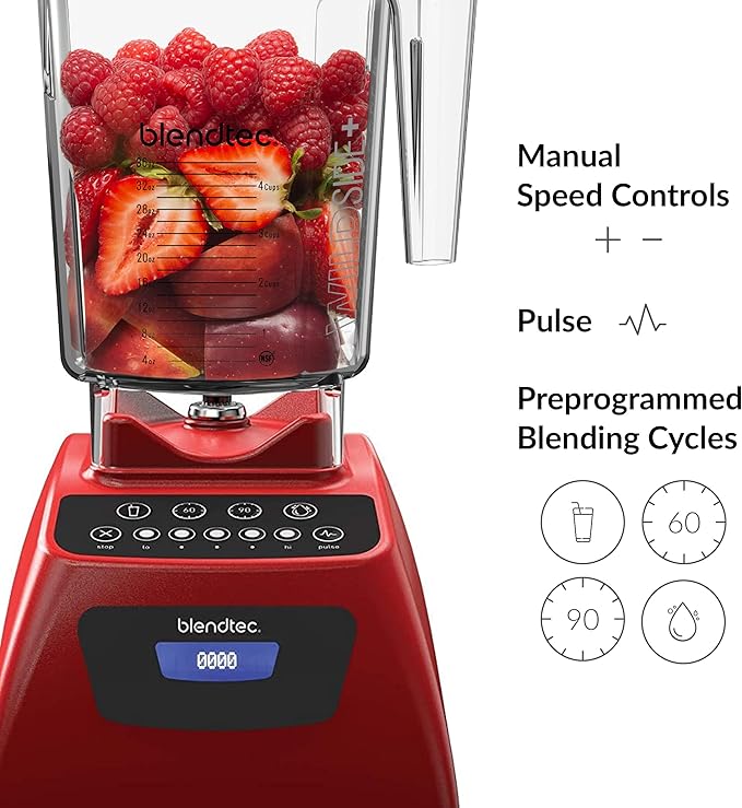 Blendtec Classic 575 Blender- WildSide+ Jar (90oz) and Four Side Jar (75oz) BUNDLE- 4 Pre-programmed Cycles-5-Speeds - Professional-Grade Power-Self-Cleaning - Poppy Red (C575A2319A-AMAZON)