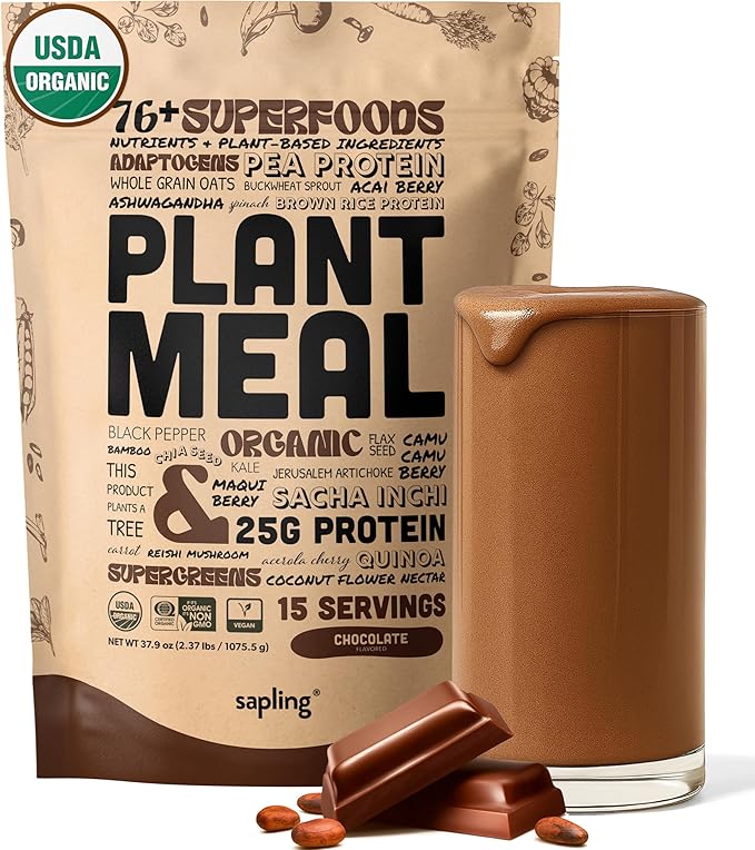 Plant Meal Replacement Shake - Chocolate - 25g of Plant Based Vegan Protein Powder, 76+ Organic Superfoods, Vitamins & Minerals, Mushrooms, Super Greens, Digestive Enzymes & Probiotics - 15 Servings