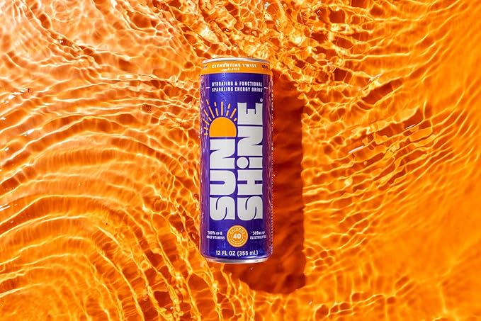 Sunshine Sparkling Energy Drink, Clementine Twist with Daily Essential Vitamins, 360mg of Electrolytes, 70mg of Natural Caffeine, 12 Fl Oz (Pack of 12)