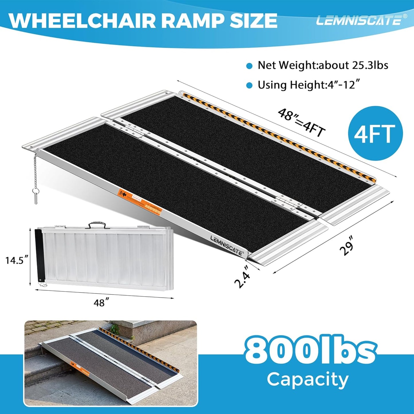 LEMNISCATE Wheelchair Ramp, 4FT Ramps for Wheelchairs for Home, Non-Skid Threshold Ramp for Doorways, Curbs, Foldable Aluminum Ramp, Portable Wheelchair Ramp for Home Steps, 48" L x 29" W